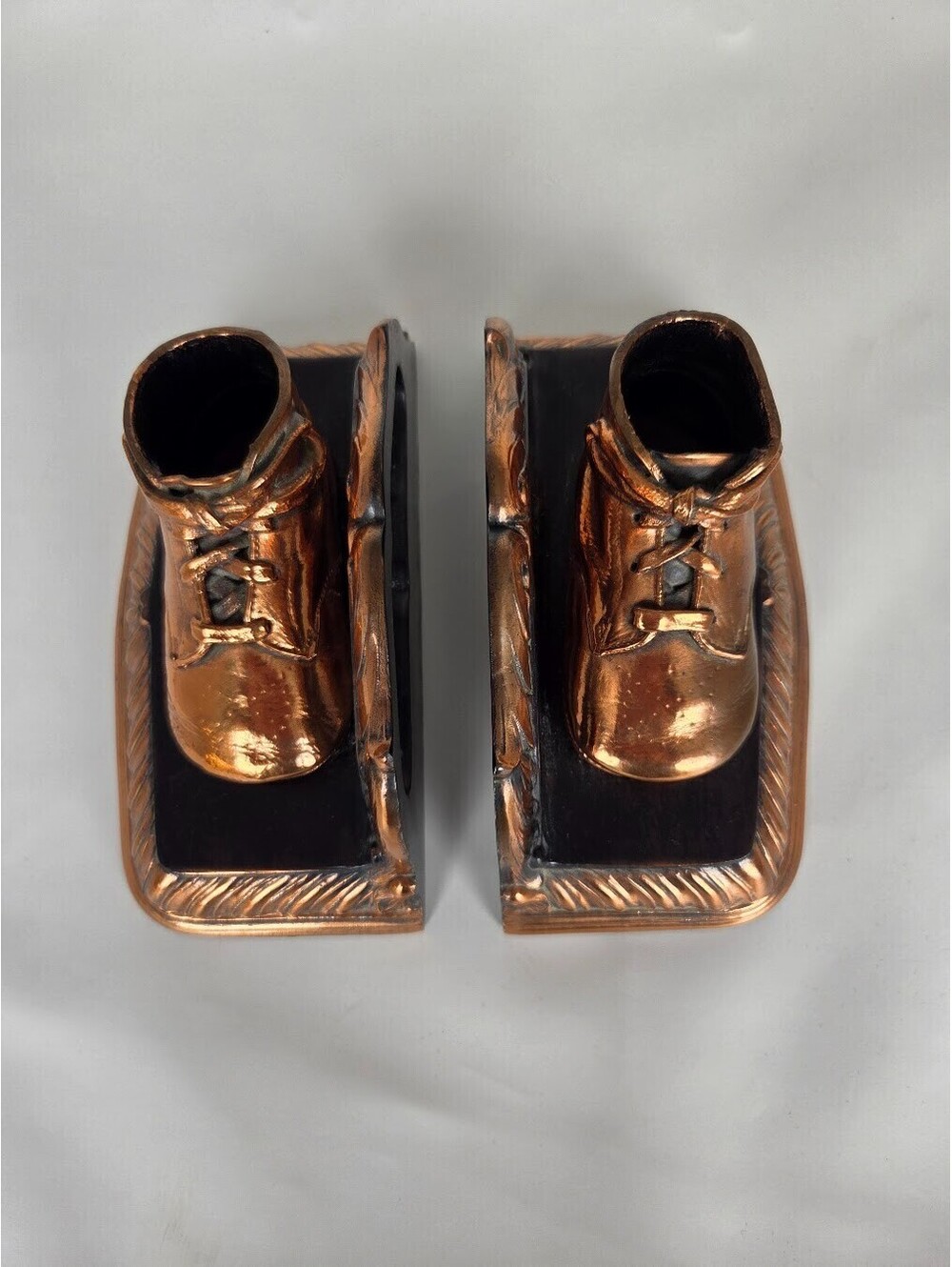 Vintage Baby Shoe Bookends Pair Copper Tone Cast Metal Bronze Finish Decor